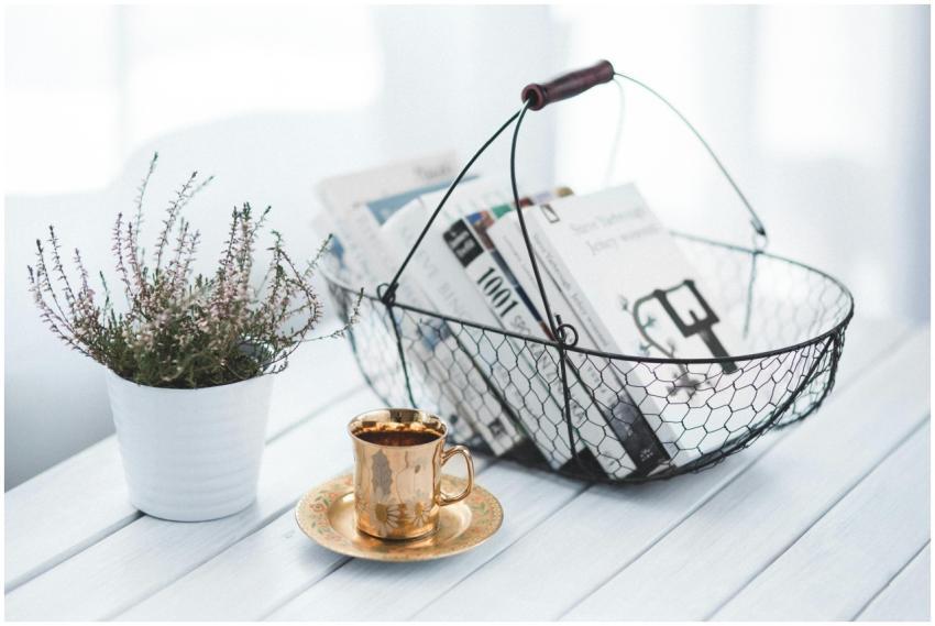 A tranquil home scene featuring a wire basket of b