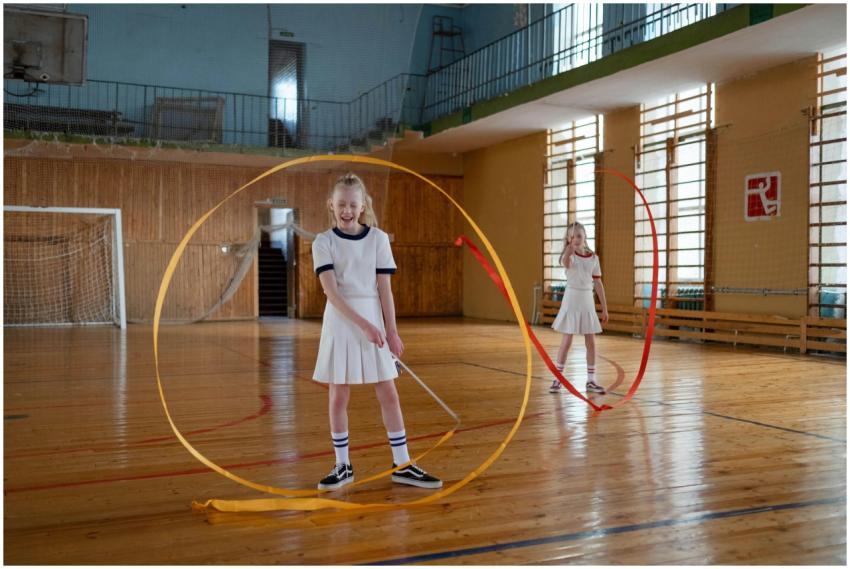 Two young girls playfully practice rhythmic gymnas