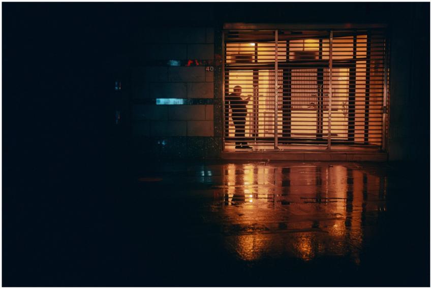 Silhouette of a person behind a lattice at night w