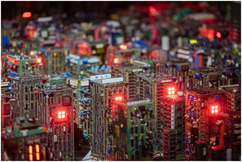 Close-up view of illuminated circuit boards resemb