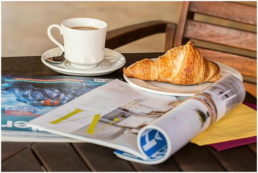 Enjoy a peaceful morning with coffee, croissant, a