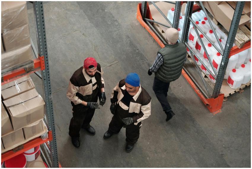 High angle view of warehouse workers organizing bo