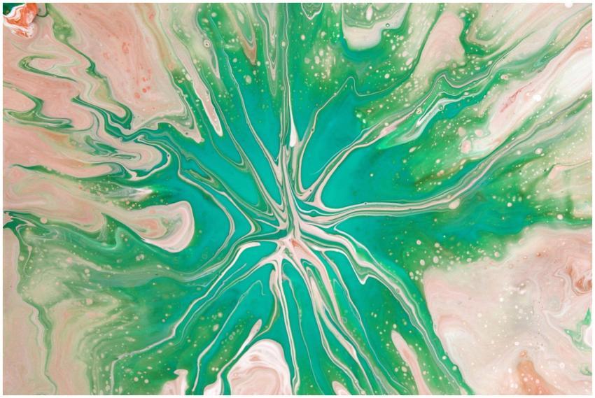 Dynamic abstract fluid art featuring green and pin
