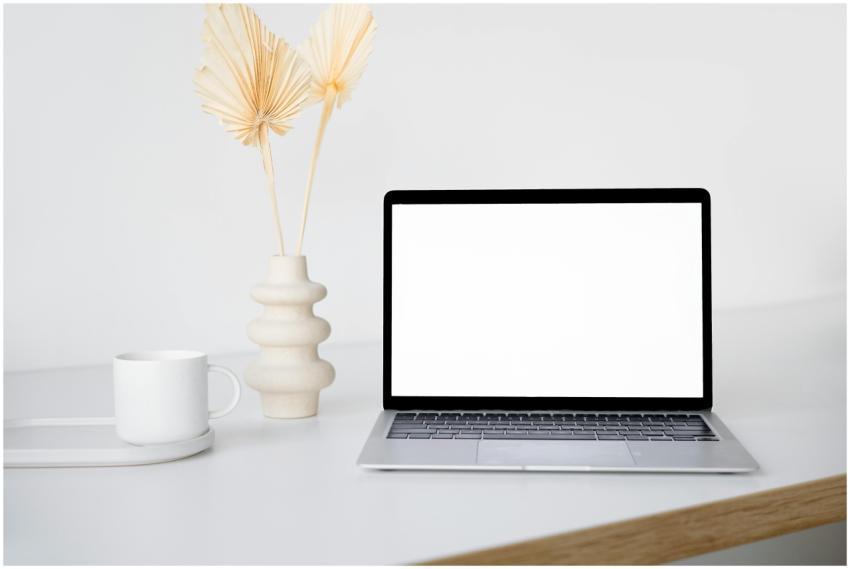 Stylish minimalist workspace featuring a laptop, v