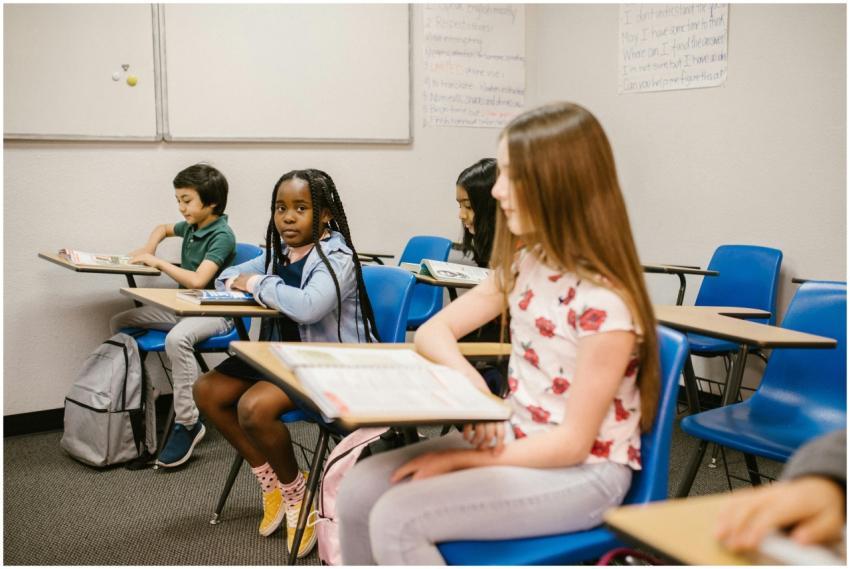 Children of diverse backgrounds sitting in a class
