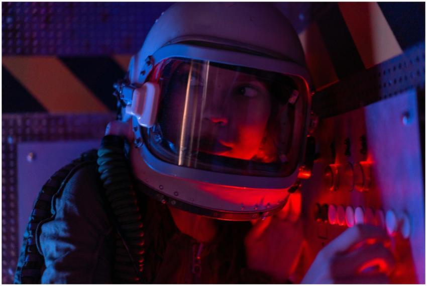 A woman astronaut wearing a spacesuit in a control