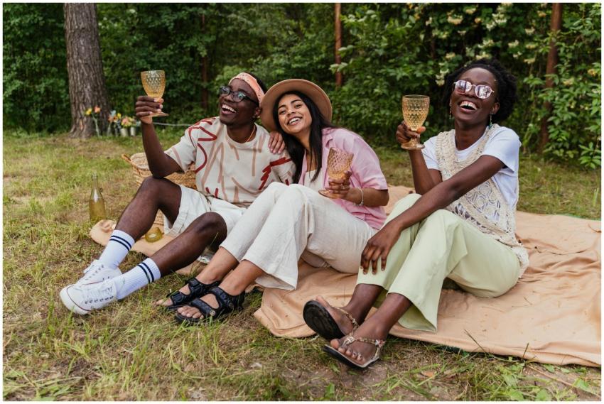 Three friends laughing and enjoying a picnic outdo