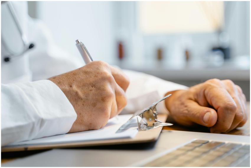 Close-up of a doctor writing notes on a clipboard