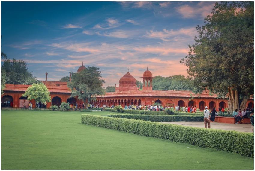 A scenic view of the Red Fort gardens in Delhi, sh