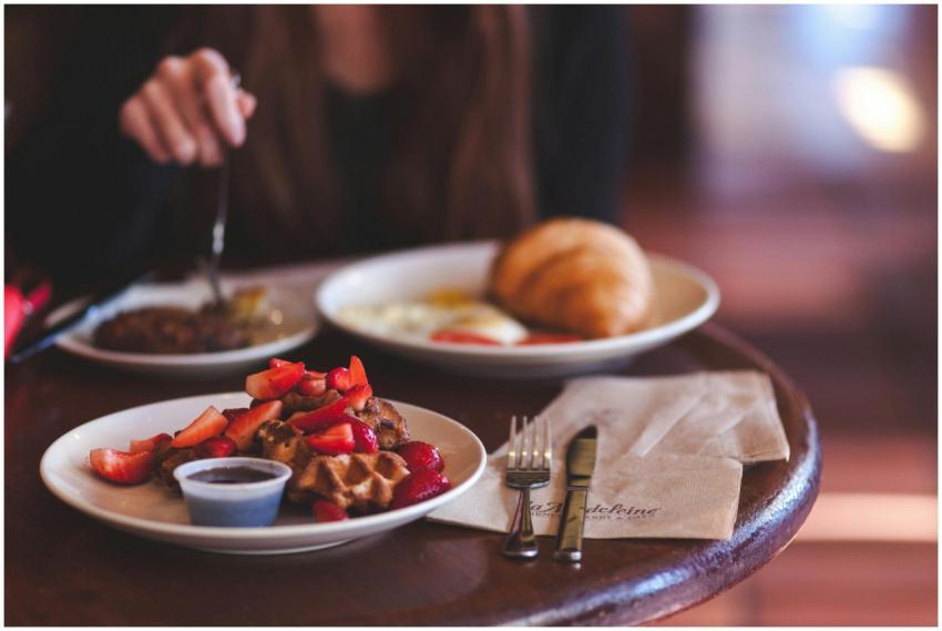 Enjoy a delicious brunch featuring waffles topped