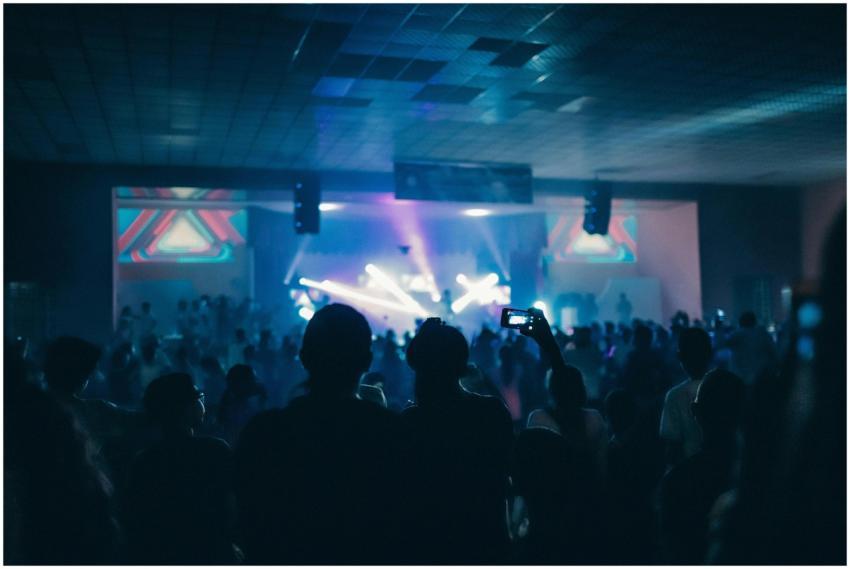 Vibrant indoor concert scene with a crowd enjoying