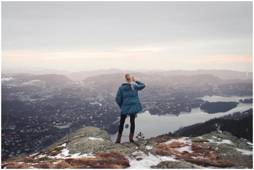 A woman stands on a mountain peak, overlooking a v