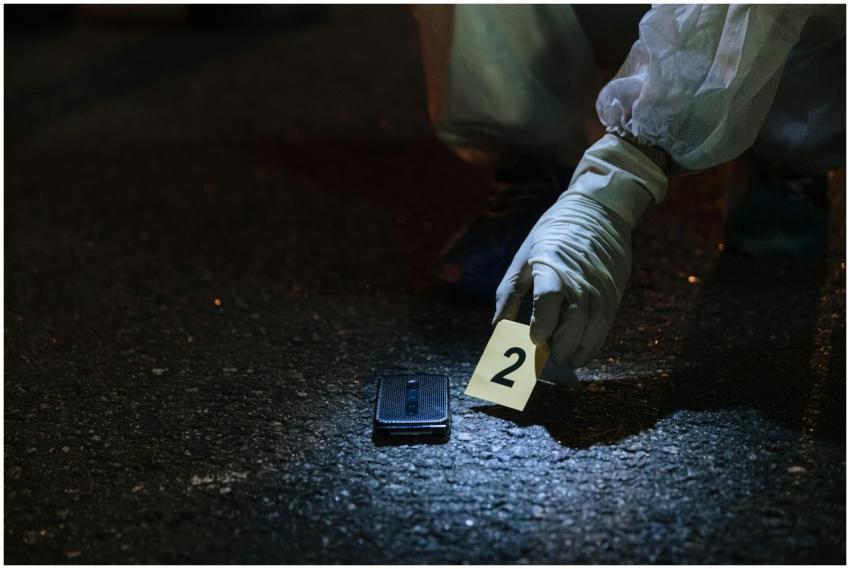 Forensic investigator examining evidence in a city