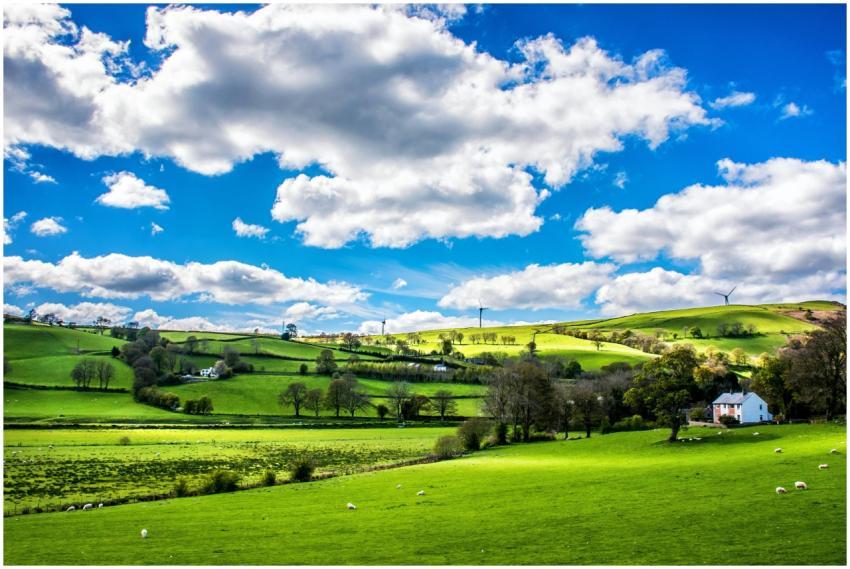 Scenic countryside landscape with green rolling hi