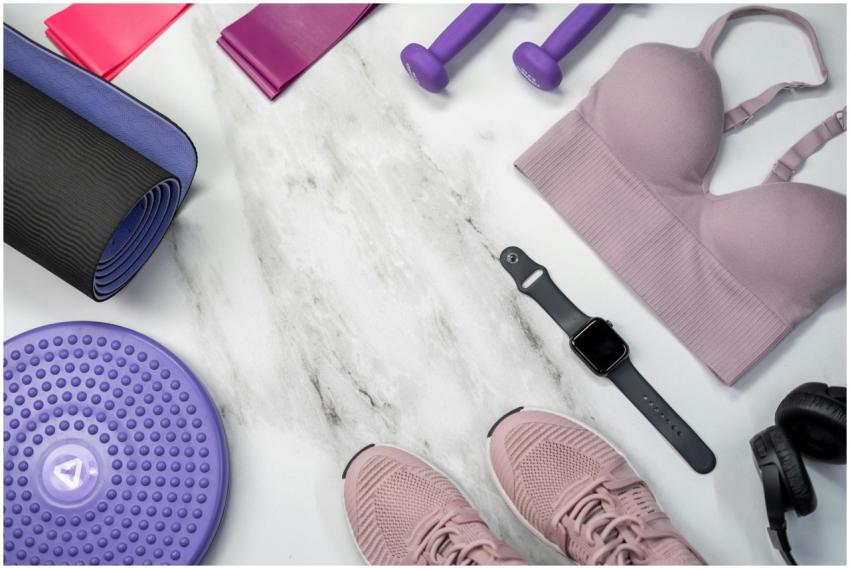 Top view of fitness equipment including smartwatch