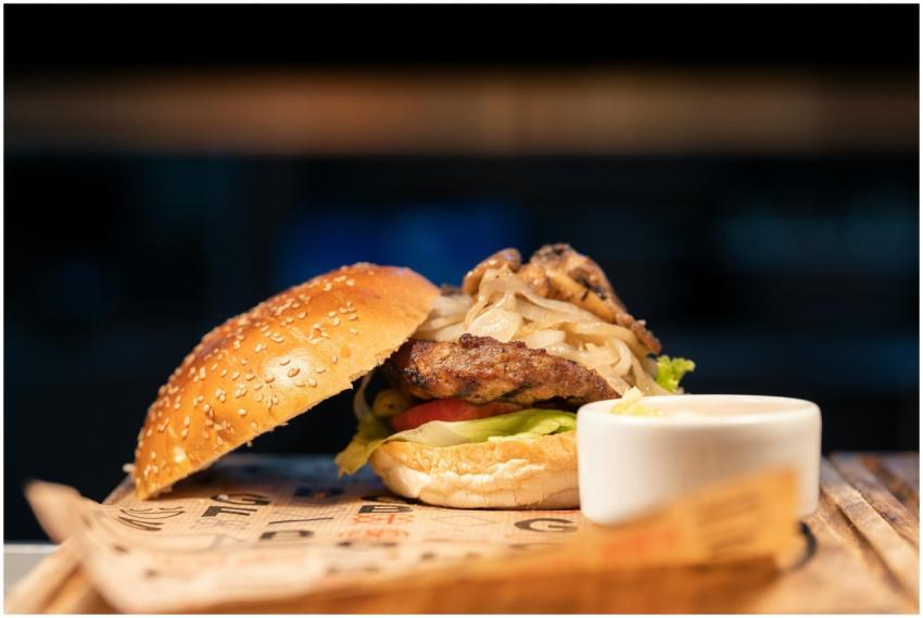 Delicious gourmet beef burger with sautéed onions