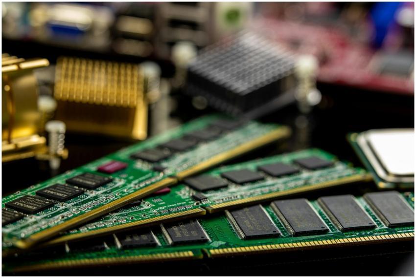 Detailed view of RAM sticks and microprocessors on