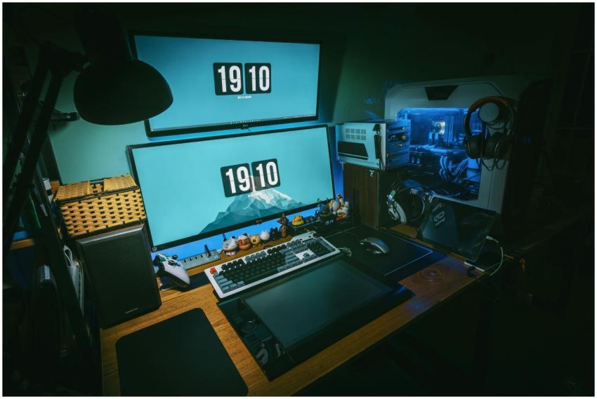 A sleek gaming desk setup featuring dual monitors,