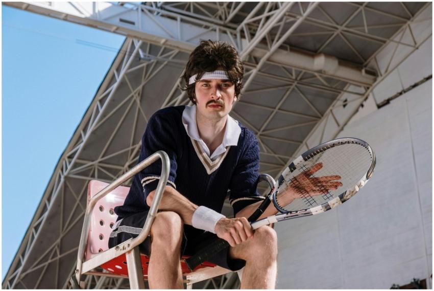 Vintage-style tennis player sitting on umpire chai