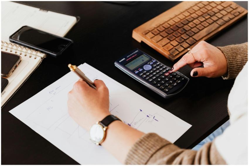 Close-up of hands working with a calculator and no