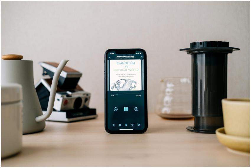 Smartphone displaying content surrounded by coffee