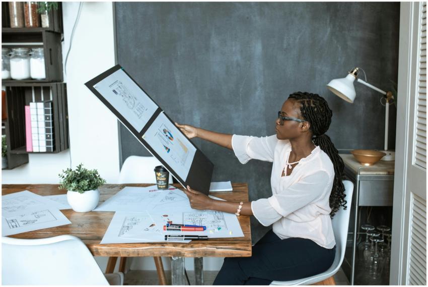 A professional woman analyzes design plans at her