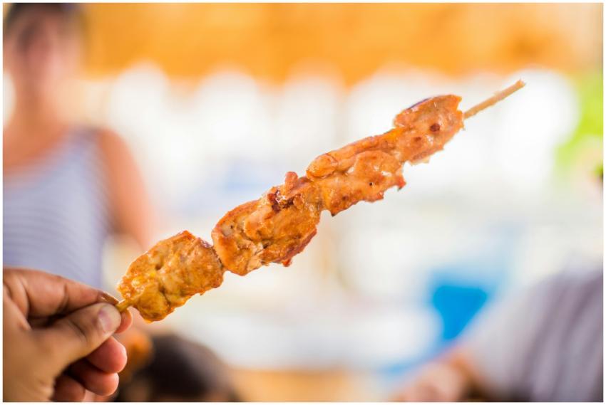 Close-up of a grilled chicken skewer held in a han