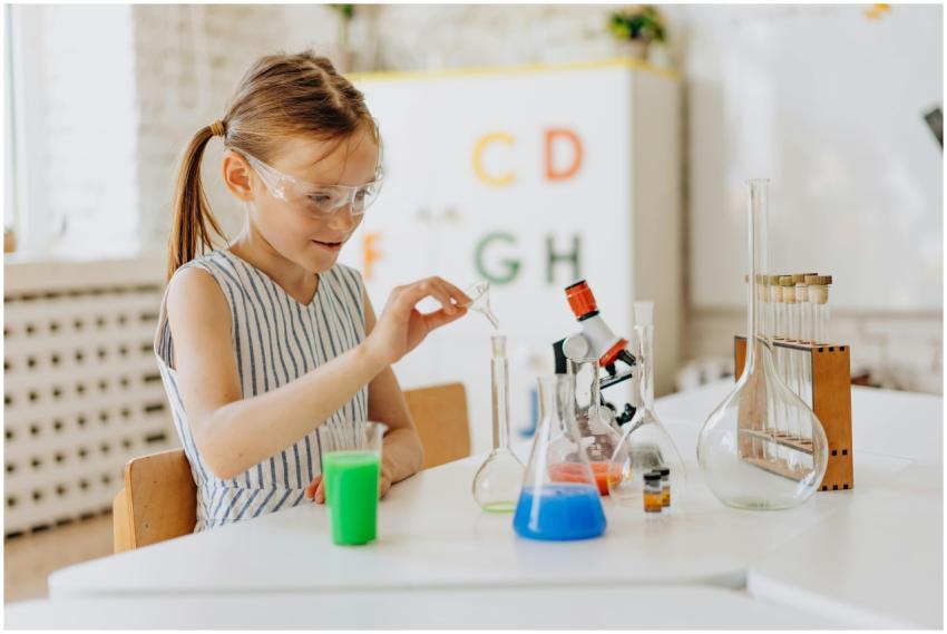 A girl performing science experiments with lab equ
