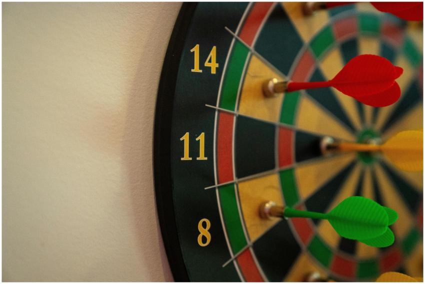 Vivid close-up of a dartboard with multicolored da