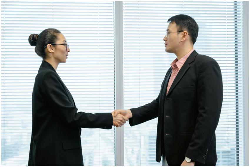 Two business professionals shaking hands in a mode