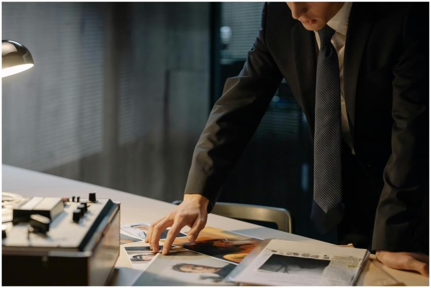 Investigator reviewing evidence photos during a ni