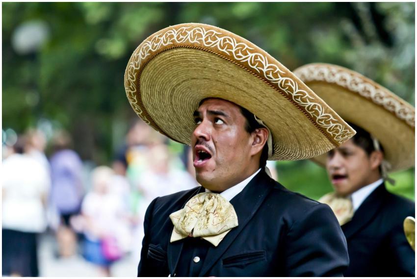 Close-up of Mexican mariachi singers in traditiona