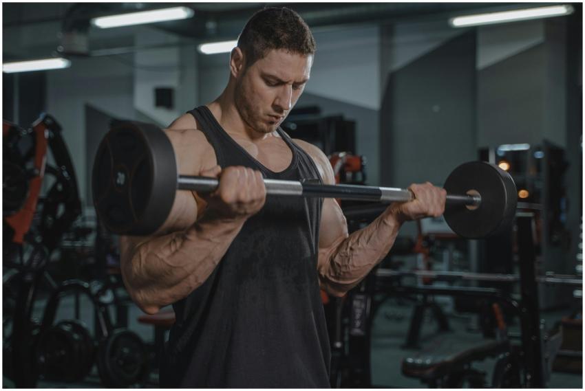 A muscular man lifting barbells in a gym, showcasi