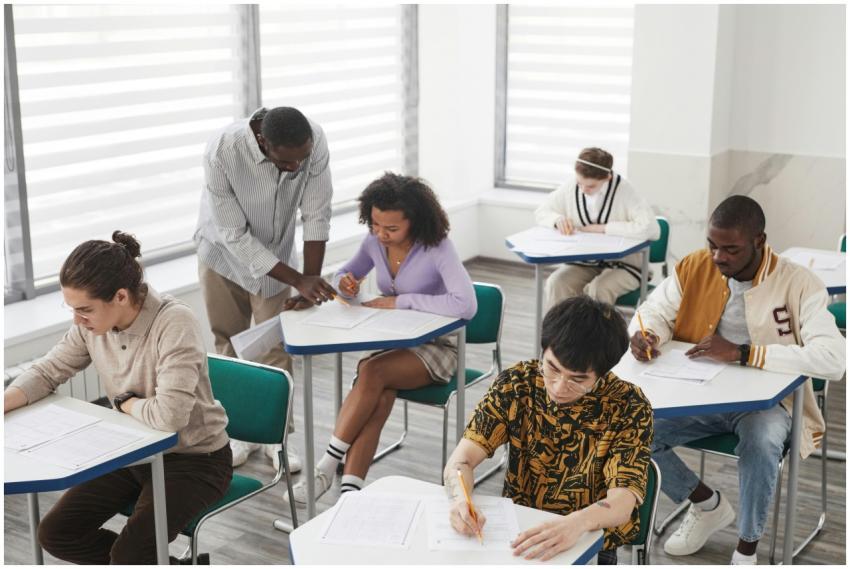 A diverse group of college students taking an exam