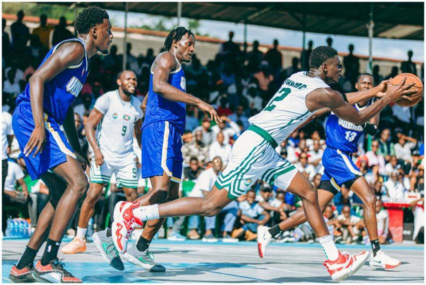 Dynamic outdoor basketball game with players compe