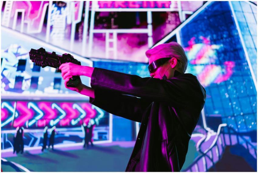 Person in cyberpunk attire aims futuristic gun in