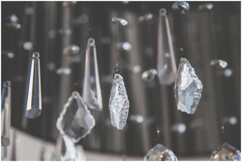 Close-up view of elegant hanging crystals from a c