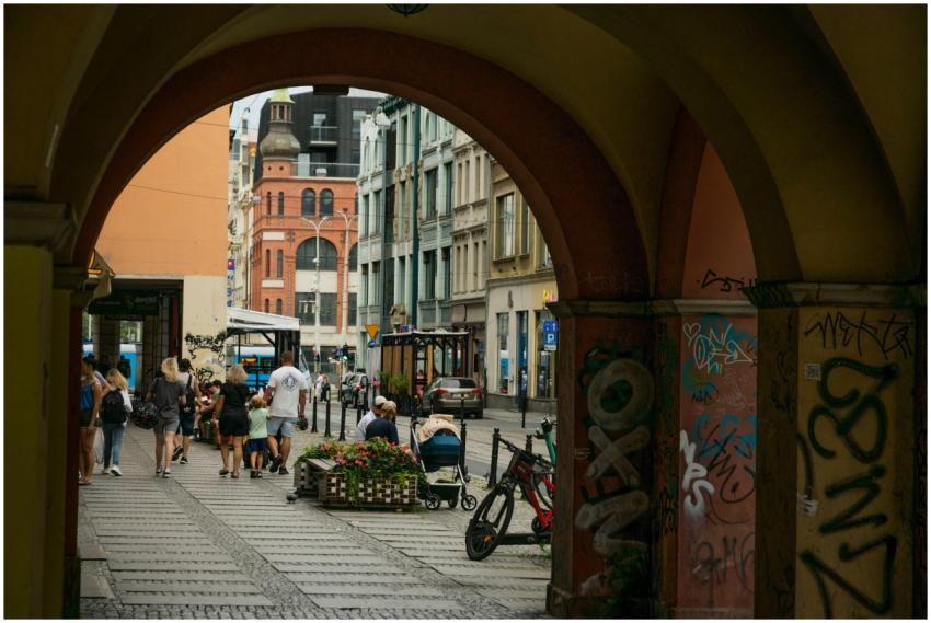 Vibrant street life in Wrocław, featuring architec
