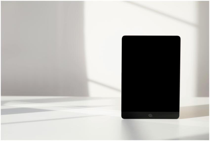 A sleek tablet standing upright on a white surface