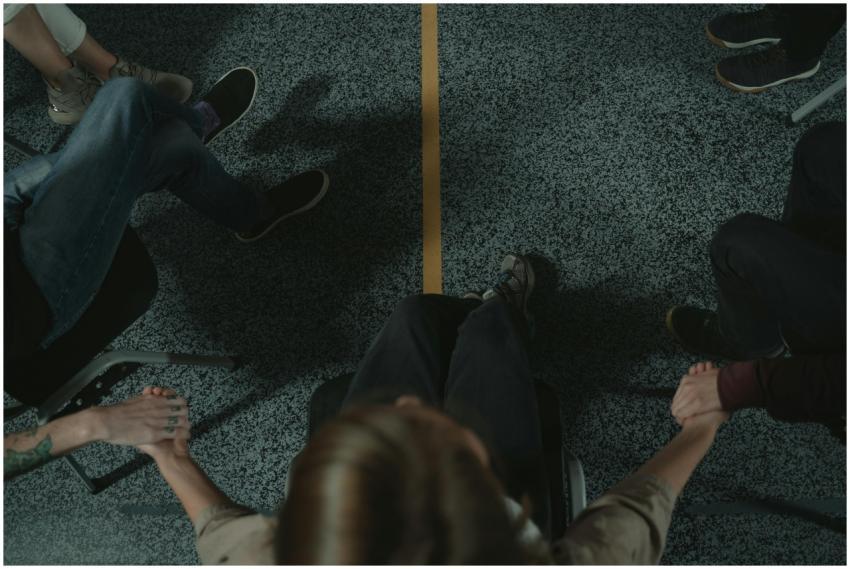 A diverse group of people holding hands in a circl