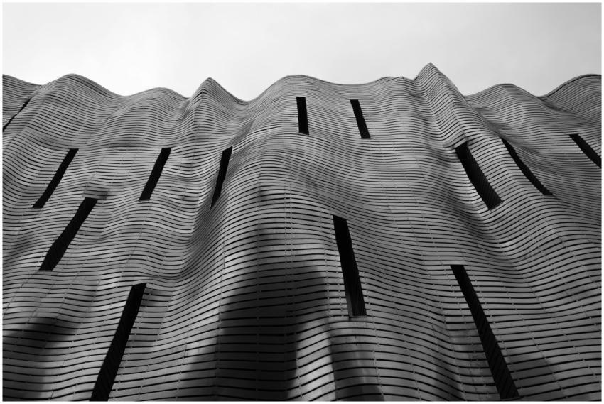 Black and white photo of a wave-like modern buildi