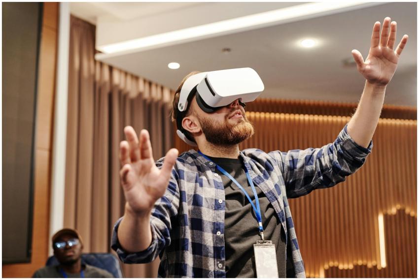 Adult man exploring virtual reality indoors. Immer