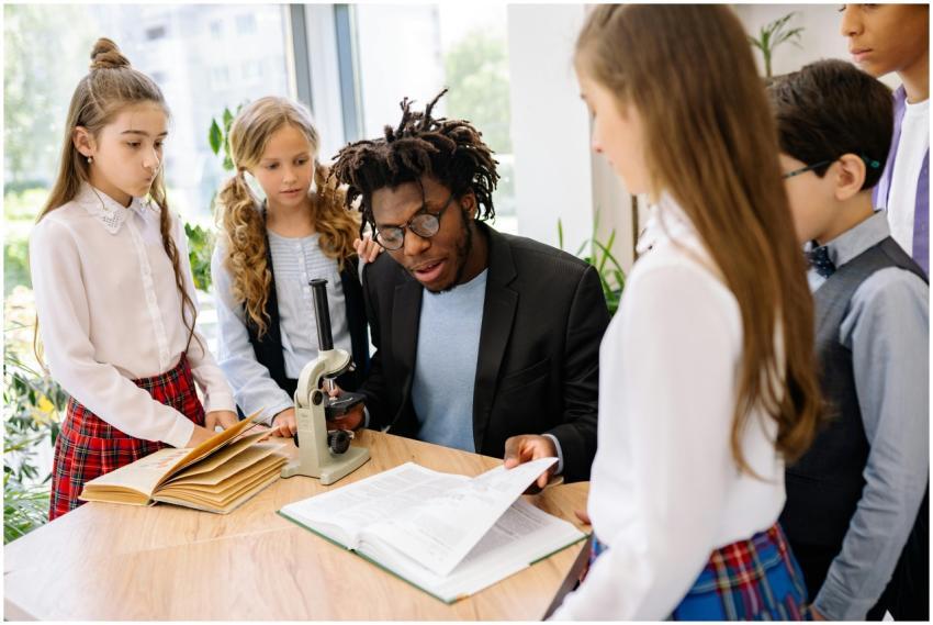 A teacher and students in a classroom engaged in a