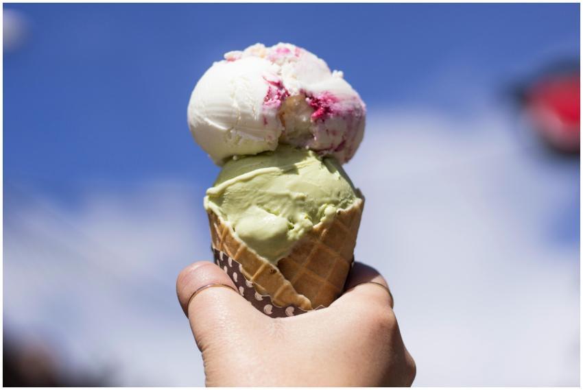 Hand holding a delicious double scoop ice cream co