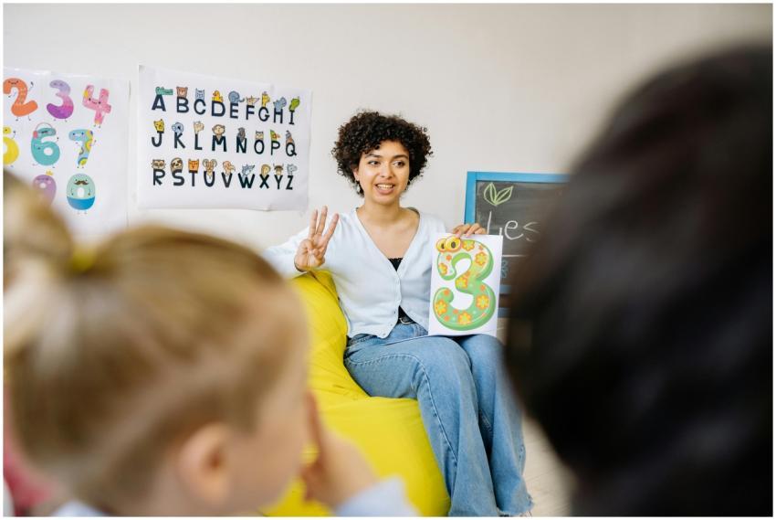A teacher engages young students in a colorful cla