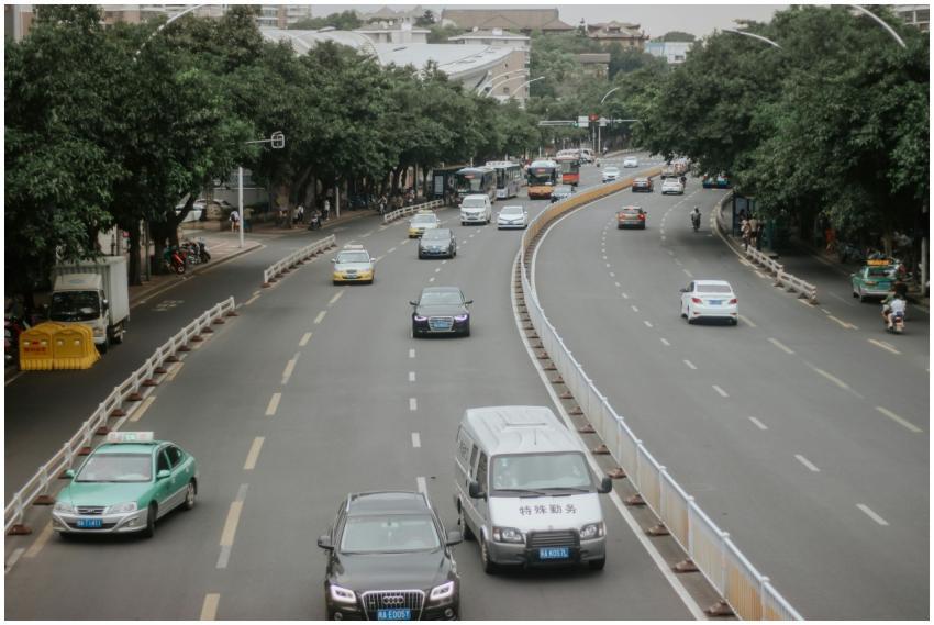 Aerial view of traffic flow in Fuzhou, China, with