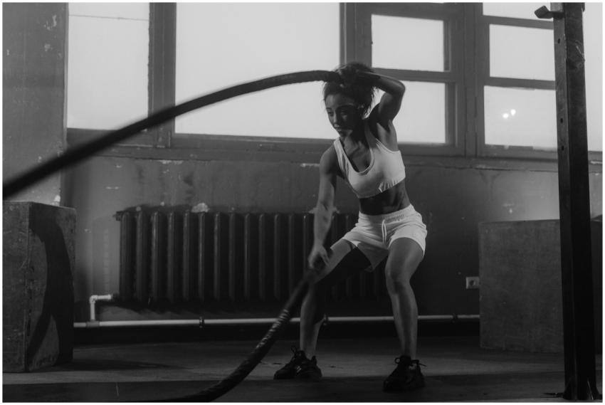 Woman in a gym engaging in vigorous battle rope wo