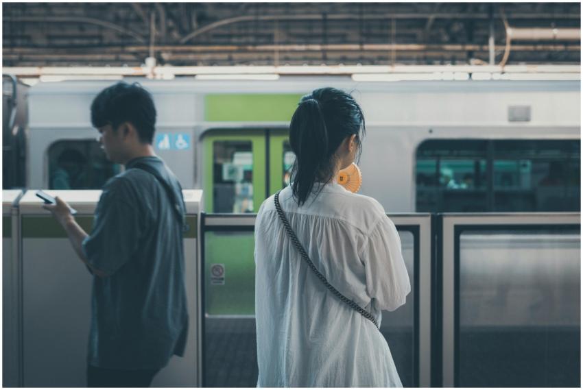Two people waiting at a Tokyo train station platfo