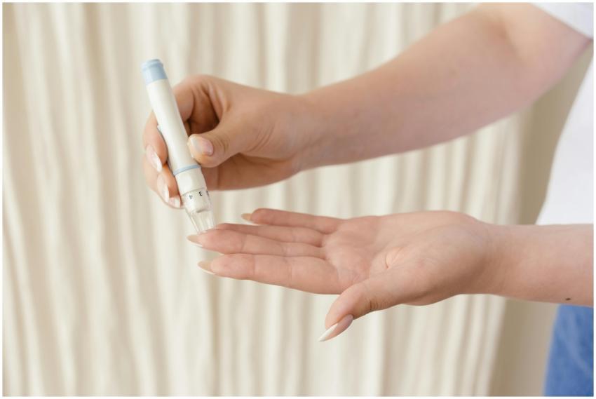 Close-up of hands using a glucometer for diabetes