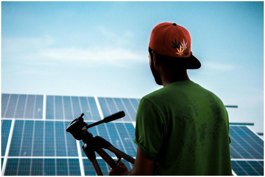 A person in a cap films a solar panel installation